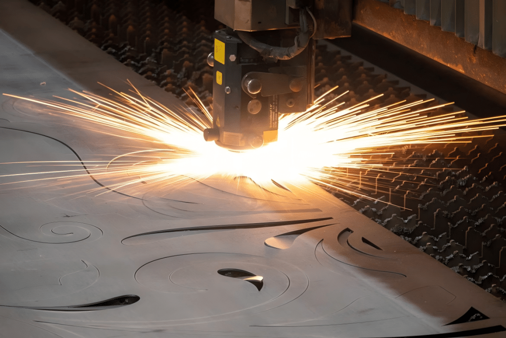 A laser welding machine cutting a sheet of metal