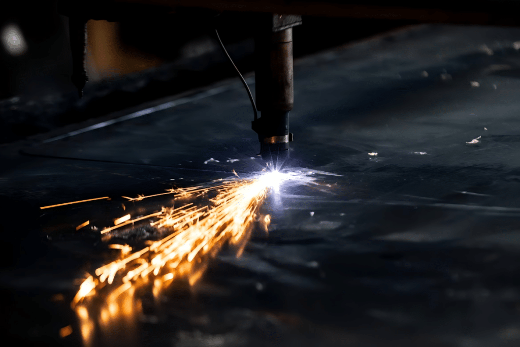 A welder cutting a piece of metal with sparks