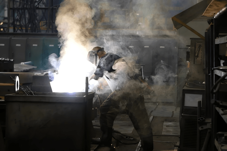 man in welding mask surrounded by welding smoke