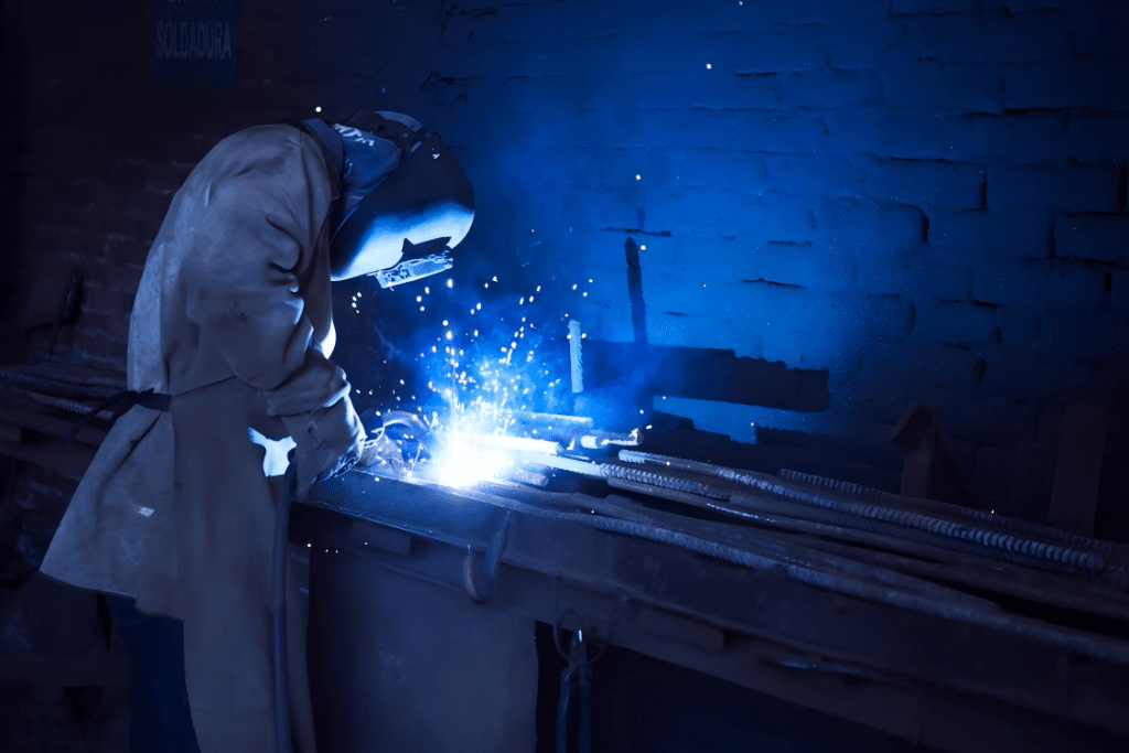 man welding metal near gray brick wall