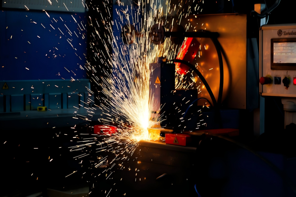 A dynamic industrial robot welding with sparks
